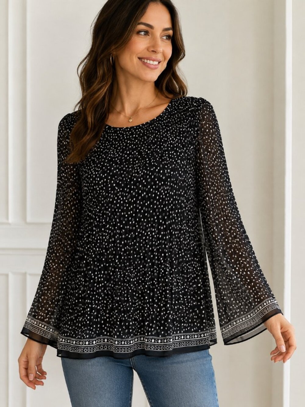 Max Studio Black White Polka Dot Pleated Sheer Bell Sleeve Blouse Womens Size XS